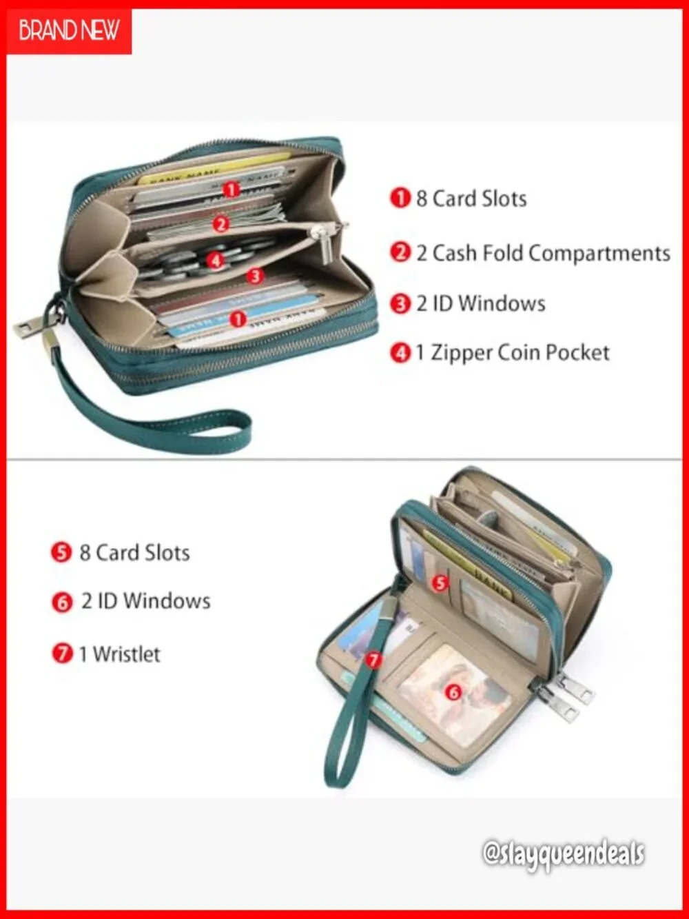 Leather Wristlet Wallet with RFID Blocking, 16 Card Slots, Double Zip